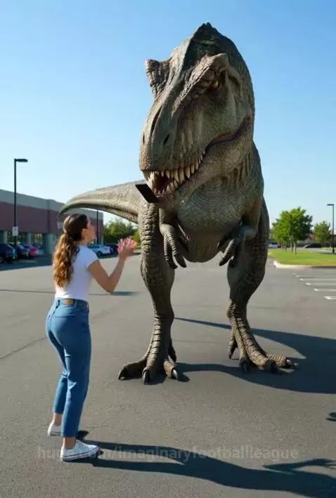 CGI T-Rex in a parking lot taking a woman's smartphone in its mouth.