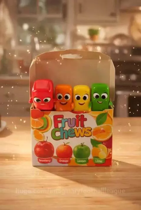 Four colorful fruit chew characters dancing happily in front of their box on a kitchen counter.
