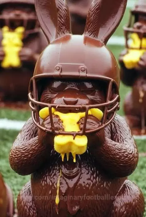 Close-up of a chocolate bunny wearing a football helmet, biting into a yellow marshmallow with yellow goo dripping.