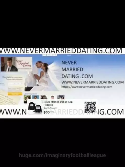 Two women smiling, holding up t-shirts with dating slogans, promoting Never Married Dating.com.