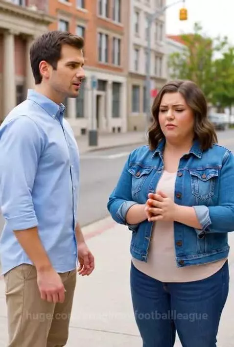 A man and woman stand on a sidewalk, the man looking surprised as the woman explains her dating app profile.