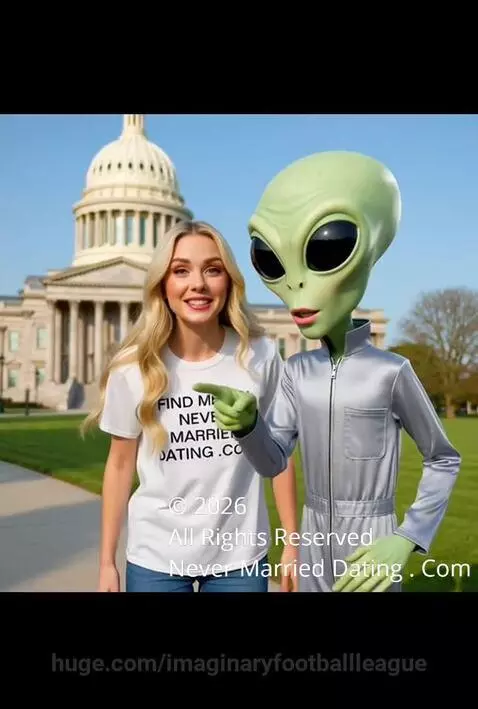Alien in a UFO looking confused, then on a laptop using NeverMarriedDating.com.