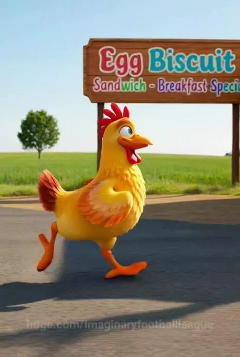 Cartoon chicken happily receiving an egg biscuit sandwich at a window.