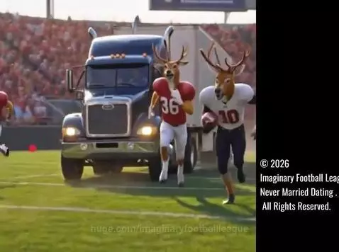 Anthropomorphic deer players tackling large trucks in a comical football game.