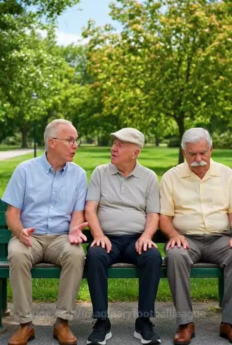 Three elderly men sitting on a park bench, one animatedly discussing a new Swiffer mop.
