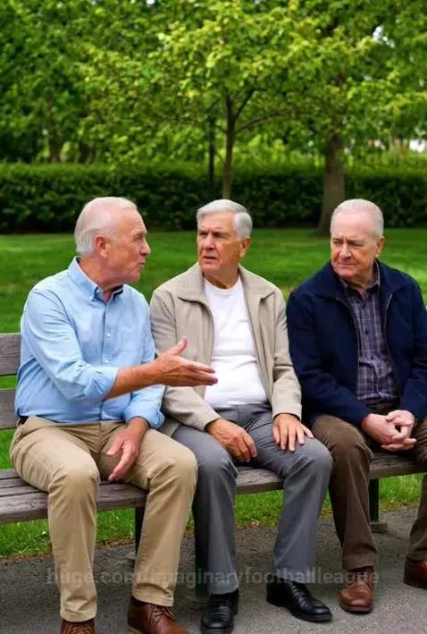 Three elderly men on a park bench, one animatedly telling a joke about a Swiffer mop and a sewing machine.