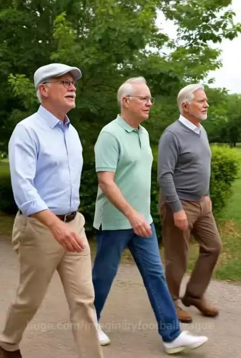 Three older men walking on a path, one asks about wind, another mishears Thursday, the third suggests beer.
