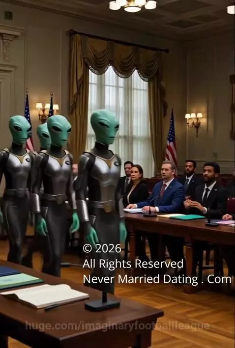 Aliens in spacesuits and human attire interacting with people near a UFO and a government building, looking at a dating website.