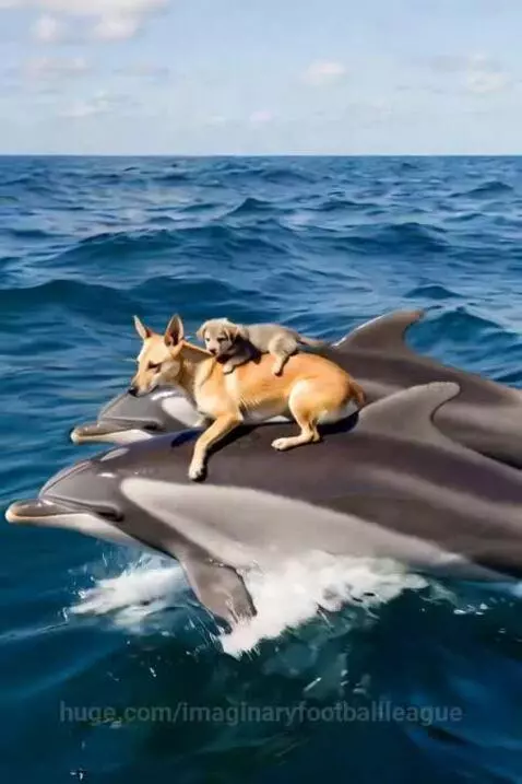 Two dolphins swimming in the ocean with a dog and puppy on their backs, approaching a beach.
