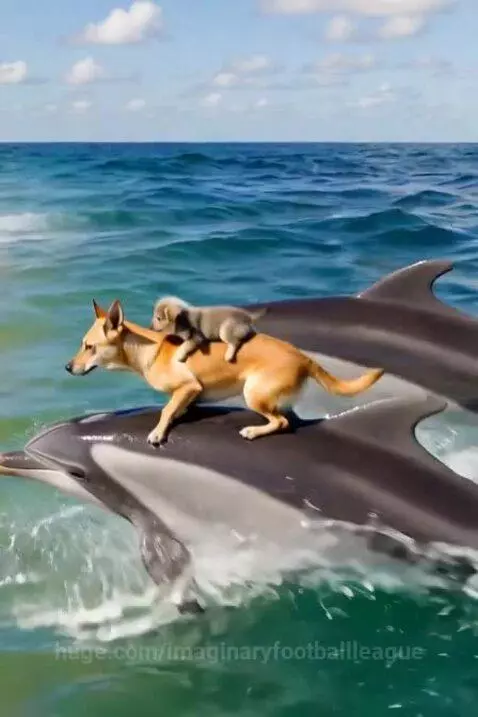A puppy and a dog ride on the backs of two dolphins swimming towards a beach.