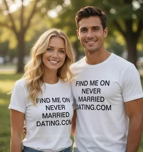 Smiling couple wearing matching 'Find Me on NeverMarriedDating.com' t-shirts in a park setting.