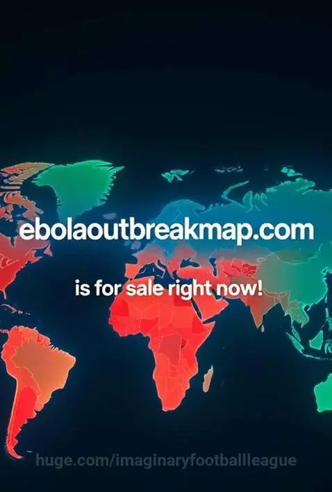 Stylized world map transitioning from red/blue to all blue with glowing points, advertising ebolaoutbreakmap.com for sale.