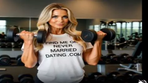 Woman in gym wearing 'Find Me On Never Married Dating .Com' shirt, smiling.