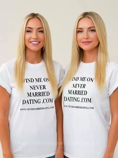 Two blonde twin women in white t-shirts promoting nevermarrieddating.com