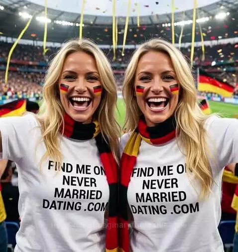 Two smiling blonde women with German flags on their cheeks cheer at a football stadium, wearing 'FIND ME ON NEVER MARRIED DATING .COM' t-shirts.