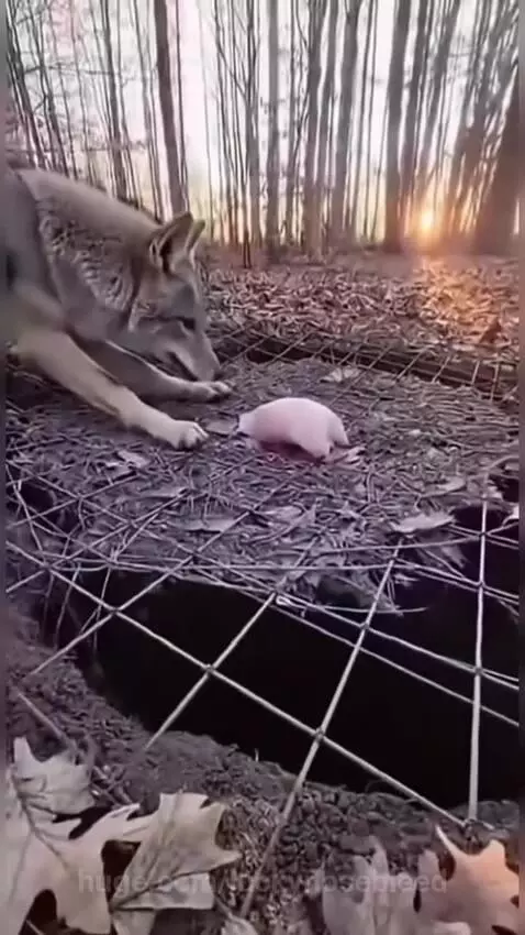 A wolf has fallen into a deep pit trap in a forest, looking distressed.