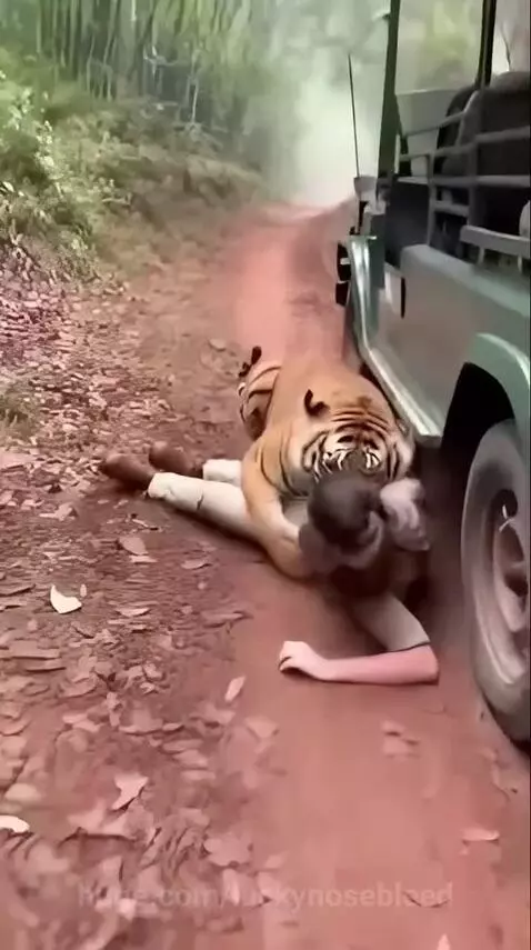 A tiger attacking a woman in a khaki uniform on a dirt road next to a safari vehicle.