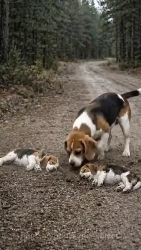 A distressed beagle dog crying and digging a hole next to two motionless puppies in a forest.