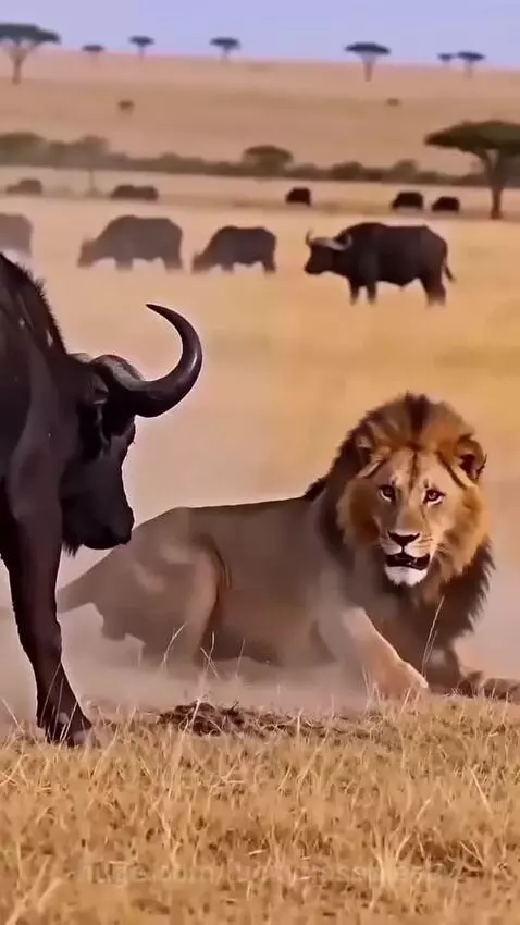 Male lion roars and leaps to avoid a charging Cape buffalo in a dry savanna.