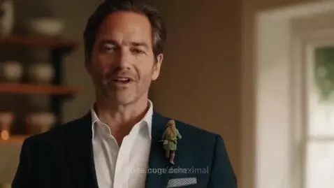 Man in suit speaking to camera, with a small elf figure on his lapel, discussing the benefits of real butter.