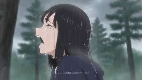 Anime girl with black hair crying heavily in the rain, wearing a dark uniform, with blurred green trees in the background.