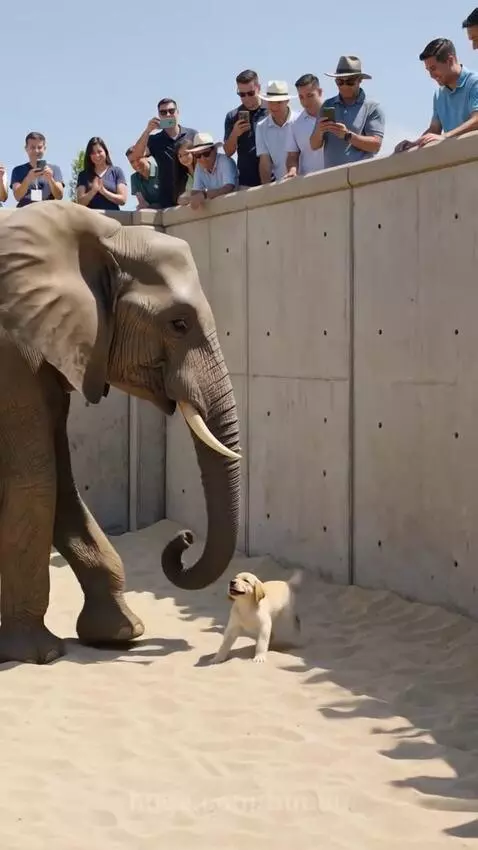 An elephant uses its trunk to gently lift a small puppy towards people watching from above a wall.