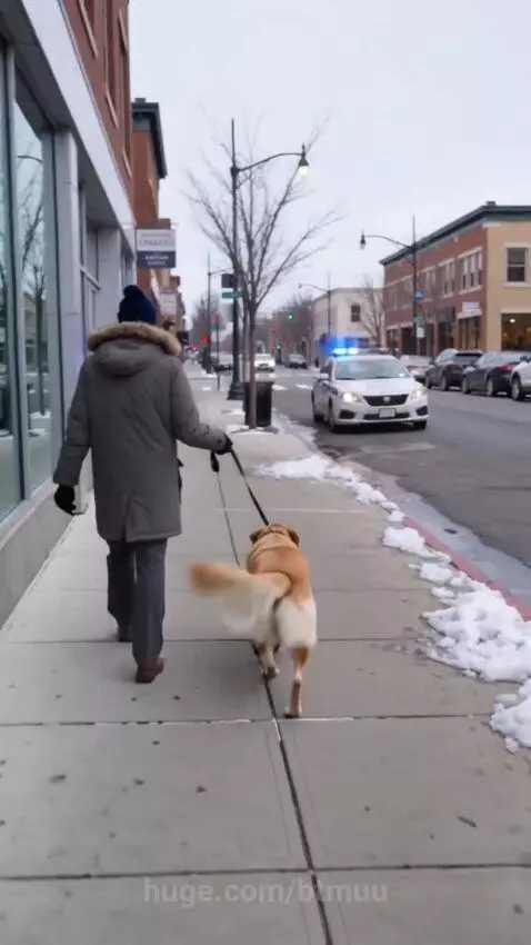 Golden retriever dog lies on its back on a snowy sidewalk, playing dead as a man walks it past a street with parked cars and a police car.