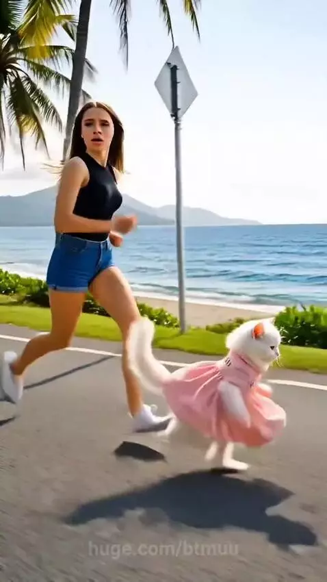 A white cat in a pink dress and a woman push a dolphin back into the ocean on a beach.