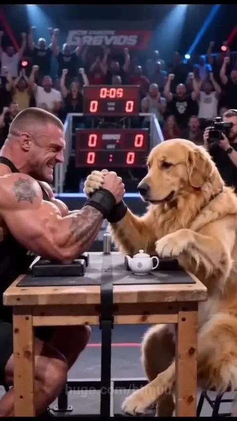 Muscular man and golden retriever arm wrestling at a table, dog takes a tea break.