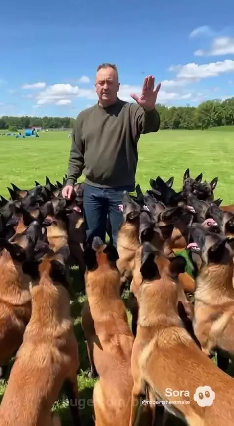 Man commanding a large pack of Belgian Malinois dogs in a grassy field.
