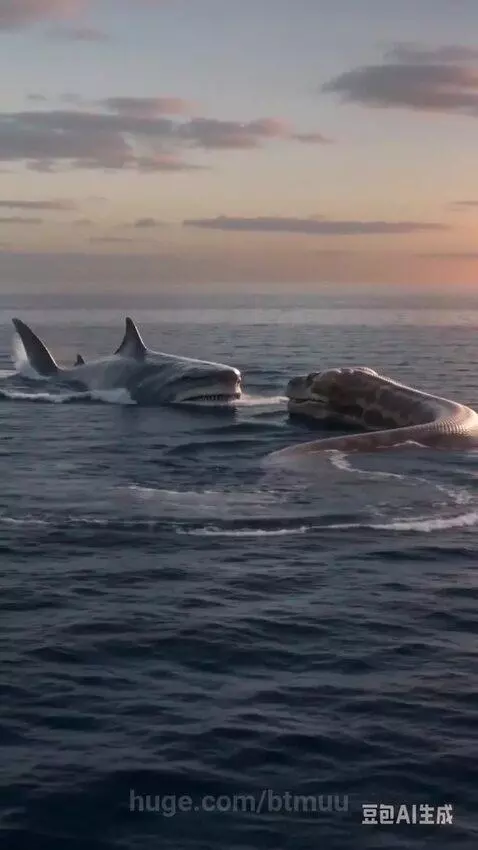 Giant shark biting the head of a large snake-like creature in the ocean at sunset.