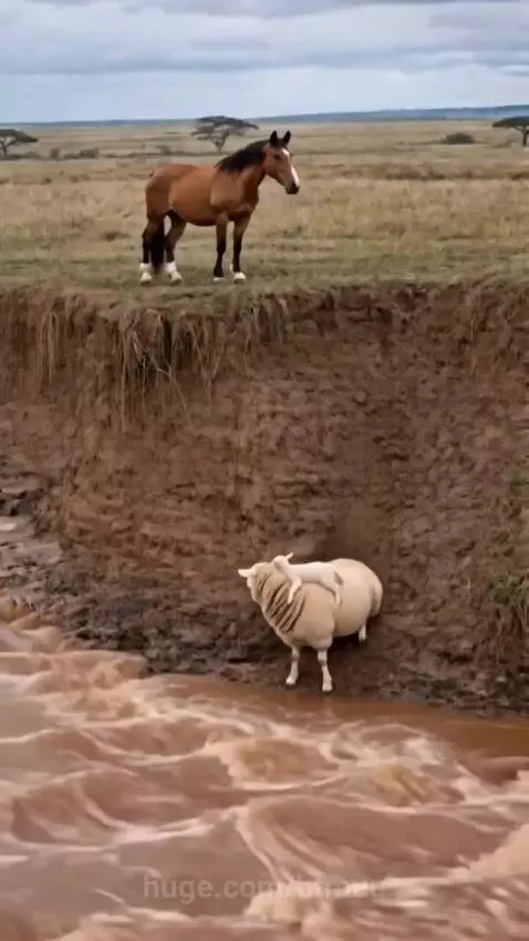Brown horse on grassy plain helps a sheep and lamb climb out of a muddy riverbank.