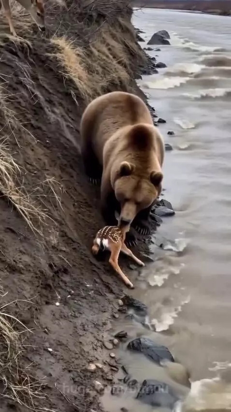 Brown bear carefully lifting a small fawn out of a muddy river onto a steep bank.