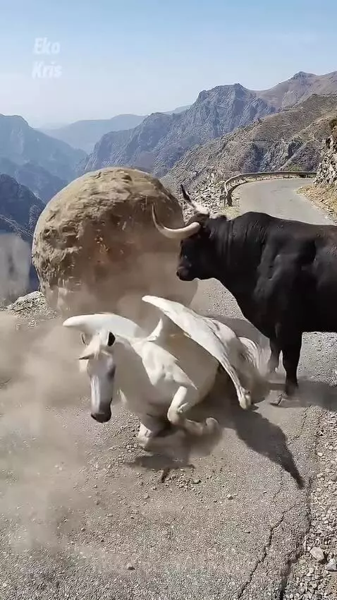 Winged unicorn hovering over a bull and calves, making grass grow on a dry mountain path.