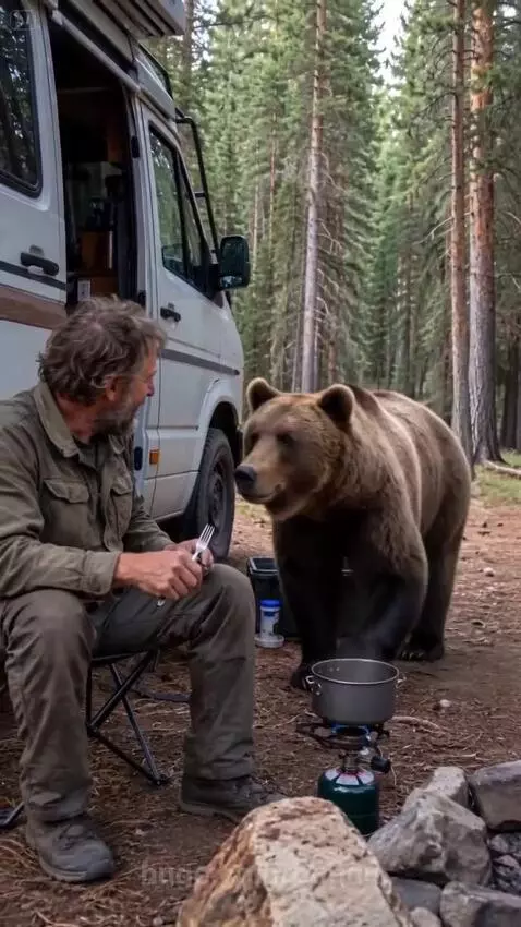 Man sitting by a campfire in a forest, a brown bear is next to him, both looking at a pot on a stove.