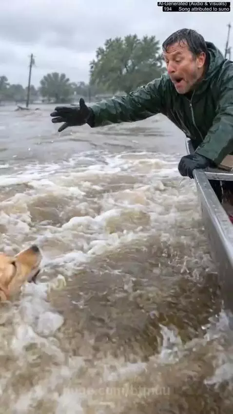 Man in a boat reaching out to rescue a golden retriever and its puppy from floodwaters.