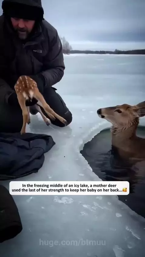 Mother deer and fawn wrapped in a blanket after being rescued from an icy lake.