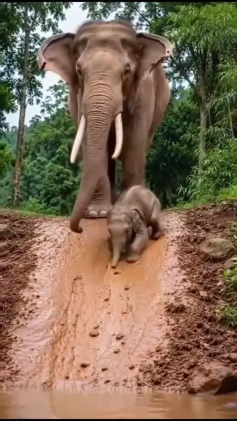 Adult and baby elephant playing and sliding down a muddy slope into a water puddle.