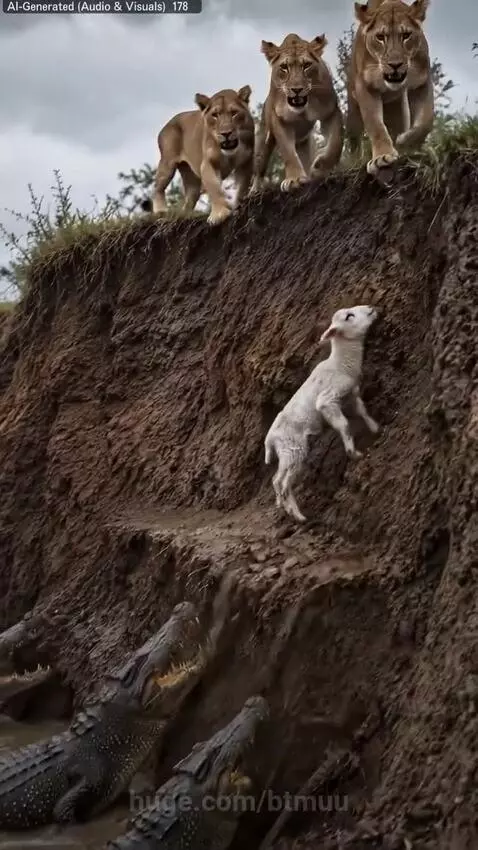A bald eagle snatches a small lamb from a muddy riverbank while lions and crocodiles wait below.