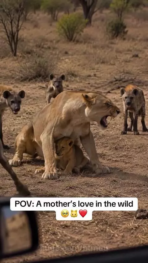 Lioness growling aggressively, protecting her cub from circling hyenas in the wild.
