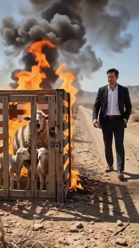 Woman in pink dress and hijab rescuing sheep and lambs from a burning wooden crate in a desert.