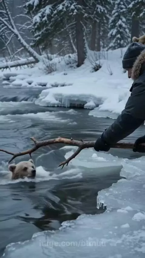 Man uses stick to help a small bear cub out of icy water, with mother bear watching.