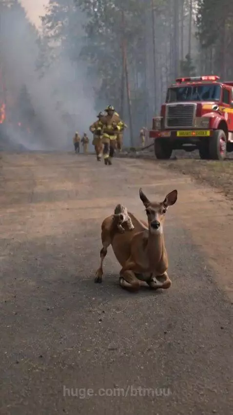 Deer carrying a bobcat kitten on its back with a forest fire and smoke in the background.