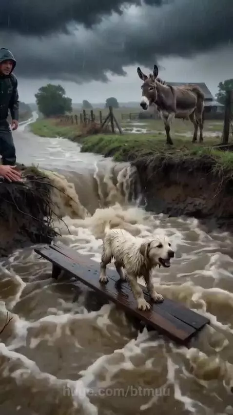 A donkey carrying a small white dog across a flooded stream to safety.