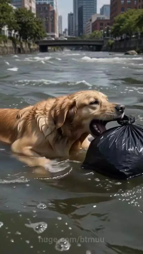 Golden retriever dog holding a trash bag with a puppy inside, being approached by police officers.