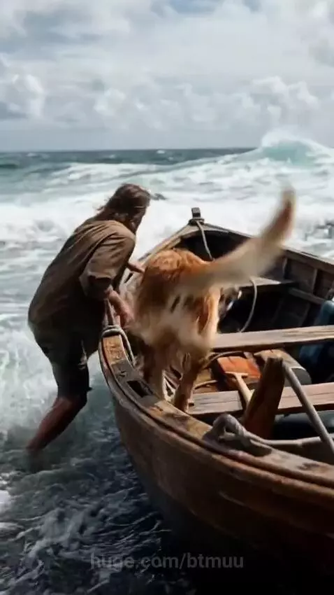 Golden retriever dog and owner with rescued puppies and a bag of gold bars on a boat.