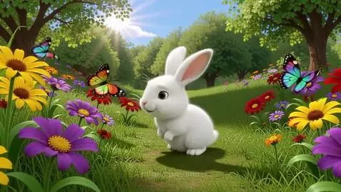 3D animated white rabbit standing in a sunny green meadow with colorful flowers and butterflies.
