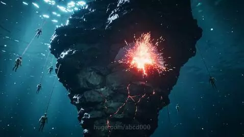 Ultra-realistic underwater scene with a glowing cracked rock, chained figures, and a meteor impact explosion.