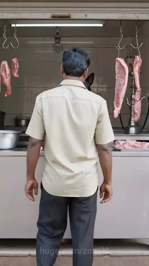 A black dog wearing an apron stands behind a butcher counter, holding a knife and cutting a large bone.