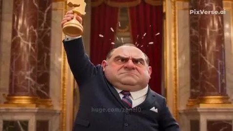 Cartoon political figures playing chess intensely in a lavish hall, with expressions of shock, focus, and laughter.